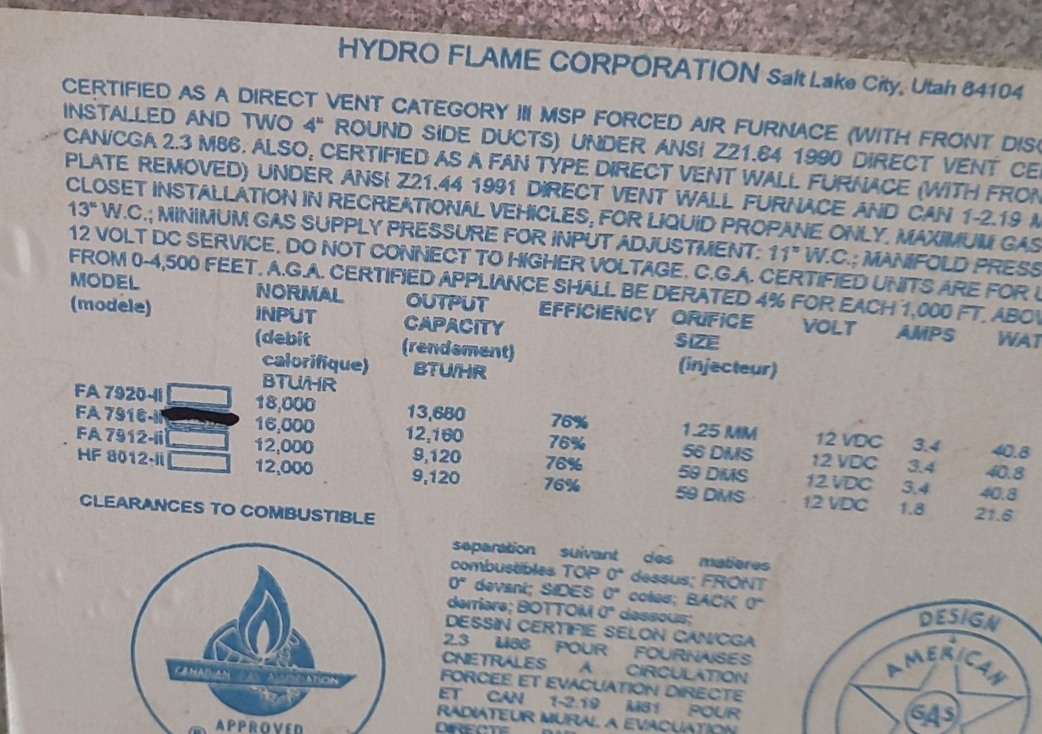 Atwood / Hydro Flame, 16000 BTU USED FA7916 Atwood HYDROFLAME Propane Furnace