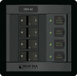 Blue Sea , Power Distribution Box Blue Sea 1210-BSS AC Branch Circuit Breaker Panel; 100 Amp/ 120 Volts AC; 360 Panel System; 4 Positions; Black; 4.88" Width x 4-3/4" Height x 3" Depth